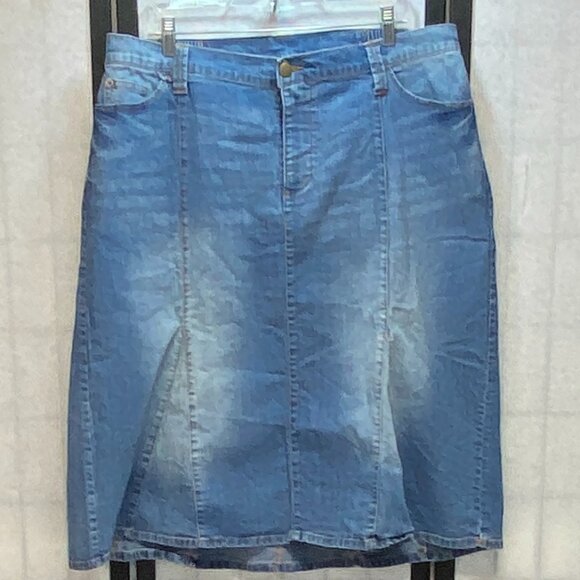 Catherines Godet Flared Stretch Side Waist Faded Denim Jean Midi Skirt 18W - Picture 1 of 12